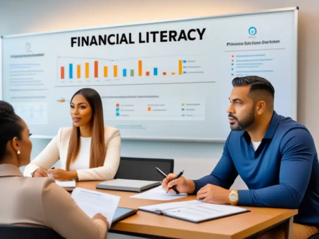Taller de educación financiera: asesoría en real estate Un grupo diverso de principiantes aprende sobre financiamiento inmobiliario con un asesor financiero en una sala moderna y luminosa