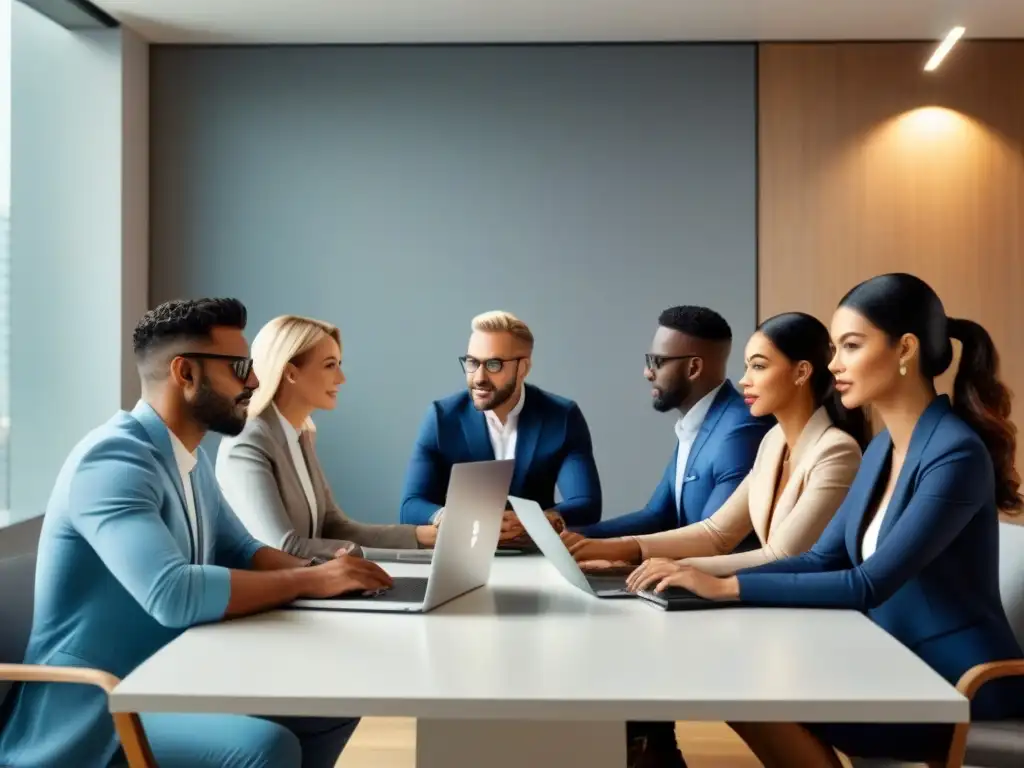 Grupo diverso de principiantes en sinergia inmobiliaria Un grupo diverso de principiantes en sindicación inmobiliaria colaborando en una sala moderna con laptops y cuadernos abiertos