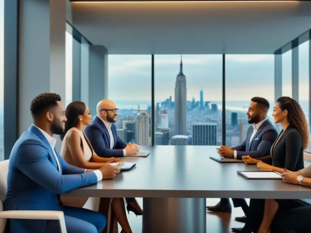 Inversores novatos en mesa de conferencias moderna Un grupo diverso de principiantes en sindicación inmobiliaria colaborando en una sala moderna, con vistas a la ciudad