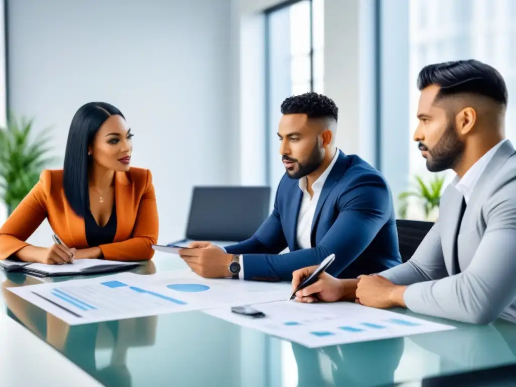 Profesionales colaborando en oficina moderna Un grupo diverso de profesionales discute acuerdos de CompraVenta Bienes Inmuebles en una oficina luminosa y moderna