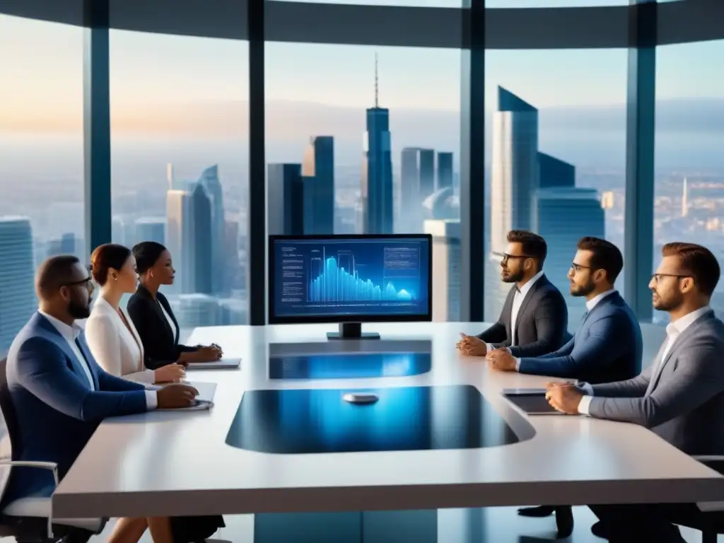 Profesionales en sala de conferencias futurista con vista a la ciudad Un grupo diverso de profesionales en un ambiente moderno de alto valor inmobiliario discutiendo y colaborando