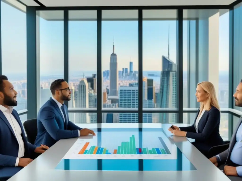 Conferencia de expertos en inversión inmobiliaria Grupo diverso de profesionales en una animada reunión en una oficina moderna con vista a la ciudad