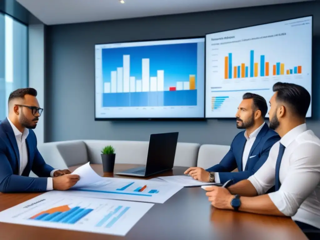 Profesionales expertos en inversiones inmobiliarias y optimización fiscal Un grupo diverso de profesionales discute beneficios fiscales y pérdidas inmobiliarias en una oficina moderna