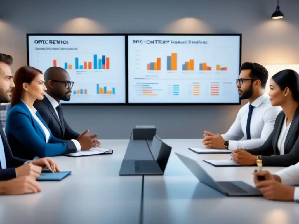 Profesionales diversificados debatiendo REITs en oficina moderna Un grupo diverso de profesionales discute los Beneficios de diversificar con REITs en una oficina moderna