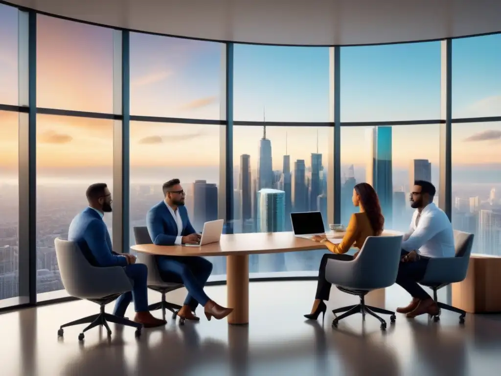 Equipo diverso innovando en financiamiento inmobiliario Un grupo diverso de profesionales cierra brecha inmobiliaria con financiamiento en una oficina futurista y colaborativa