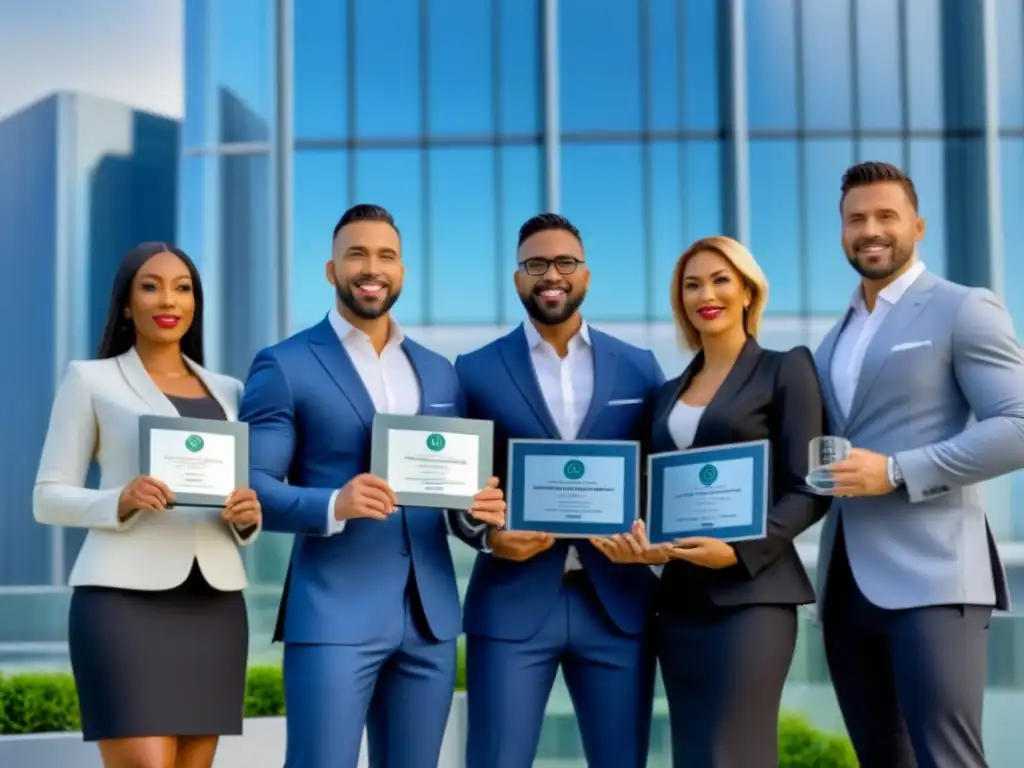 Profesionales con certificaciones inmobiliarias frente a edificio moderno Grupo diverso de profesionales con certificaciones bienes raíces, destacando éxito y perfil profesional, frente a moderno edificio de oficinas