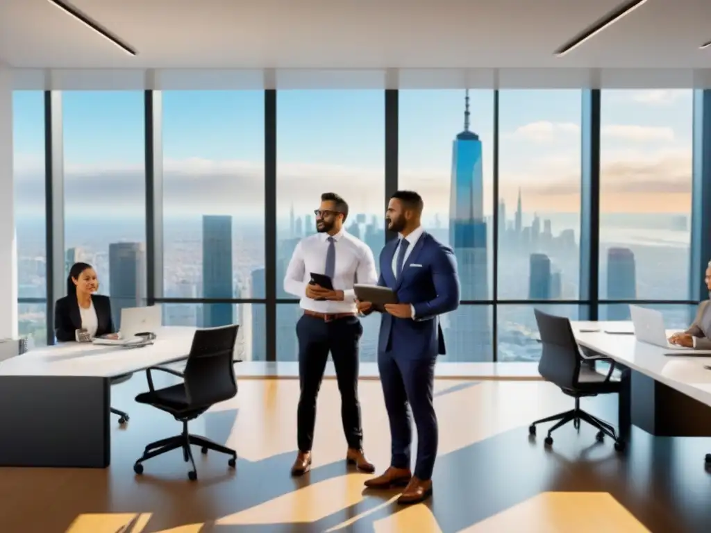 Profesionales inmobiliarios con certificaciones en oficina moderna Un grupo diverso de profesionales muestra certificaciones de bienes raíces en una oficina moderna con vista a la ciudad