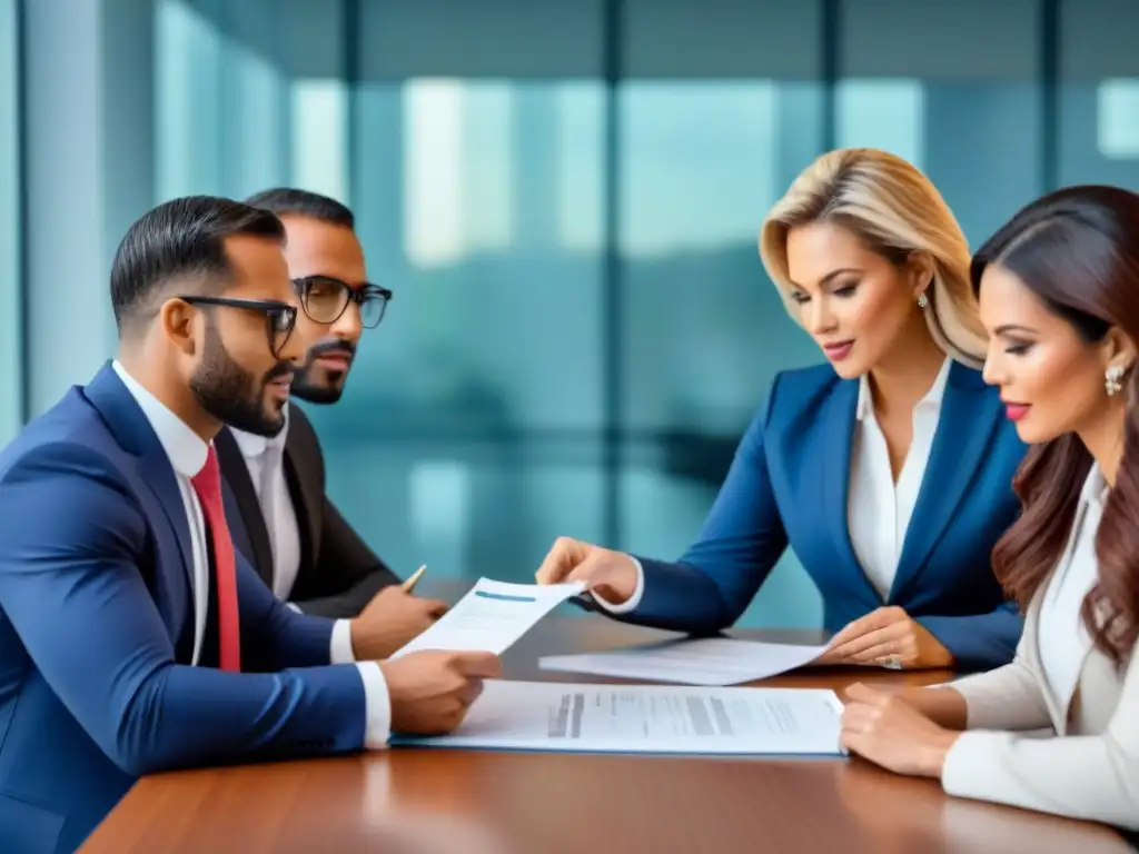 Profesionales en Finanzas Inmobiliarias: Colaboración y Éxito Grupo diverso de profesionales discutiendo sobre Certificaciones en Finanzas Inmobiliarias en una sala luminosa y colaborativa