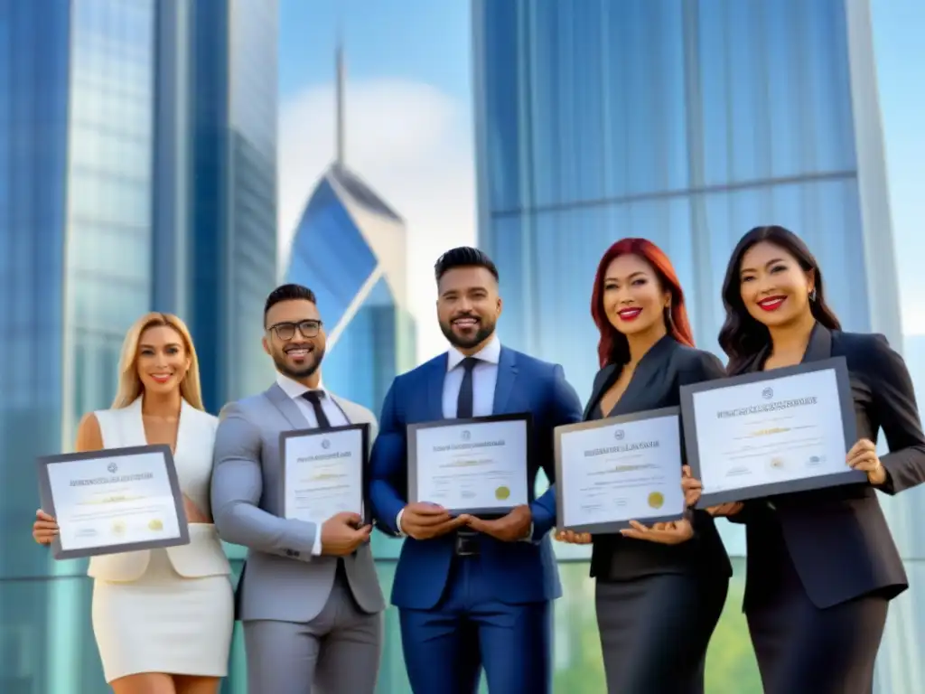 Profesionales exitosos con certificaciones internacionales en real estate Un grupo diverso de profesionales, con certificaciones internacionales bienes raíces, posa exitoso frente a un edificio moderno