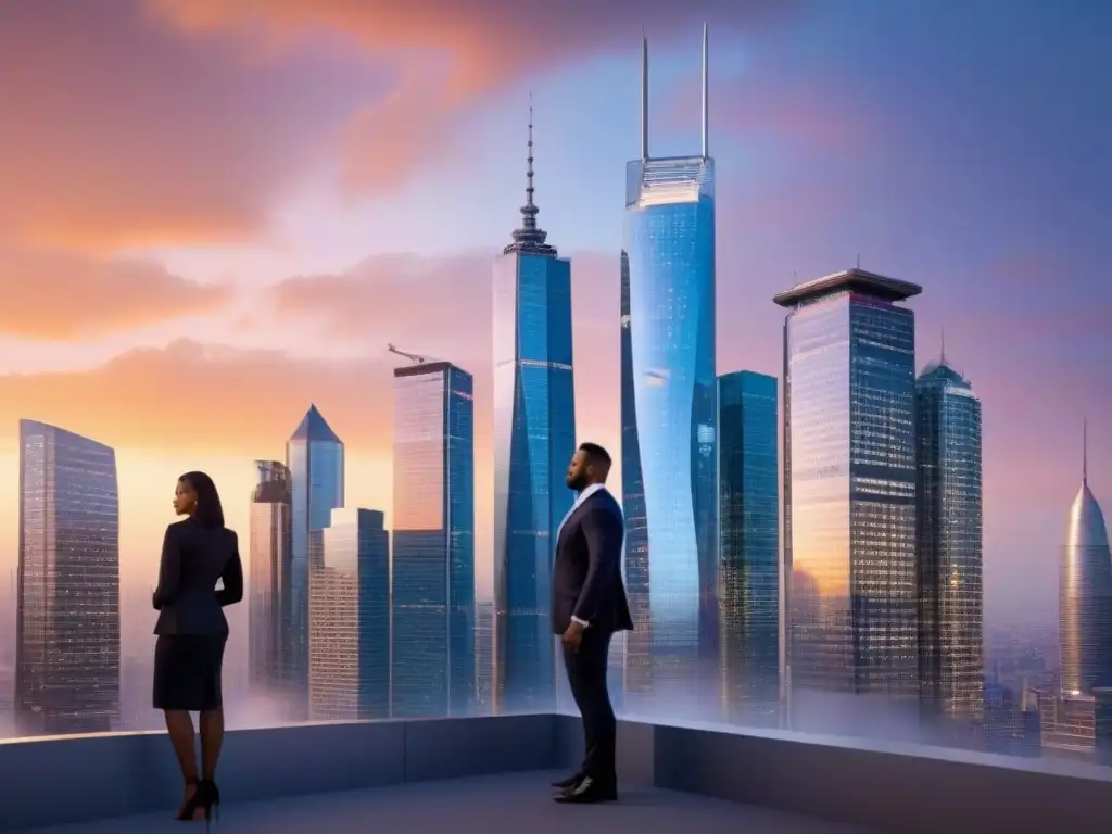 Escena urbana futurista: diversidad y finanzas integradas Un grupo diverso de profesionales discuten en una ciudad moderna al atardecer, con rascacielos de cristal reflejando la cálida luz del sol
