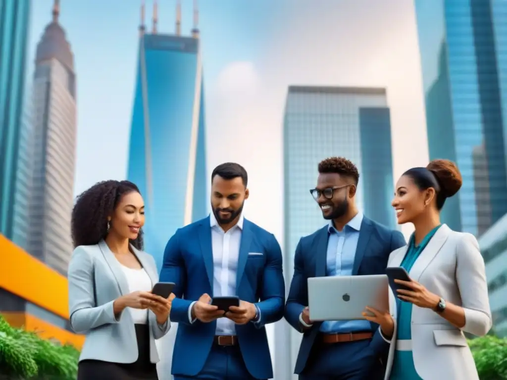 Profesionales innovadores en finanzas inmobiliarias emergentes Un grupo diverso de profesionales en una ciudad bulliciosa, simbolizando el crecimiento en el financiamiento inmobiliario en países en desarrollo