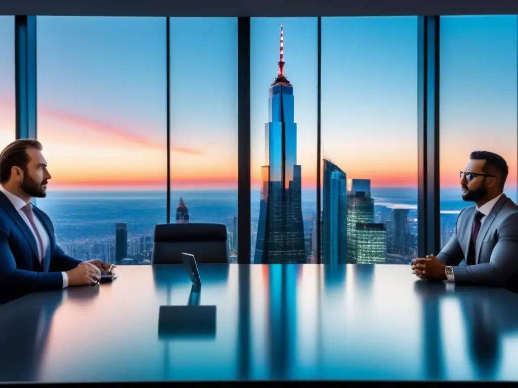 Negociación ética en préstamos: ciudad futurista Un grupo diverso de profesionales en una ciudad futurista, discutiendo ética en préstamos inmobiliarios