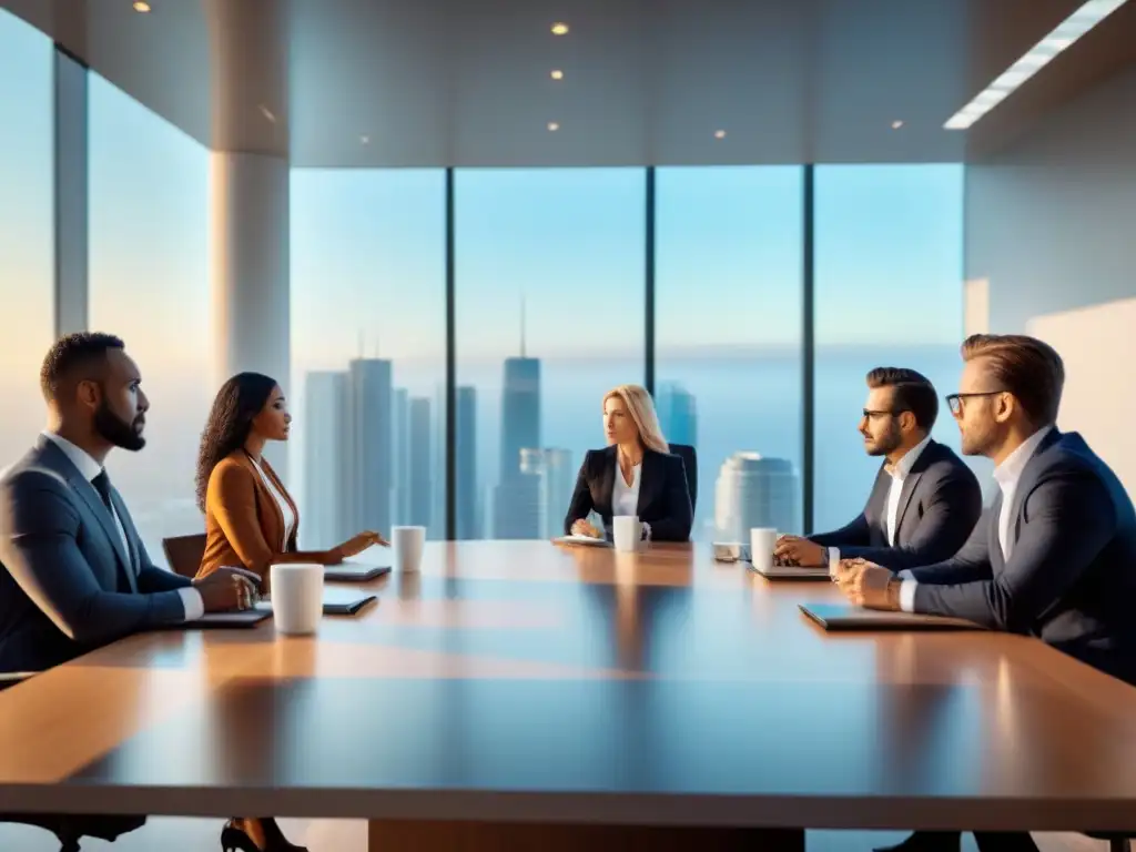 Conferencia estratégica: Profesionales debaten inversiones en REITs Un grupo diverso de profesionales concentrados en una discusión alrededor de una mesa futurista