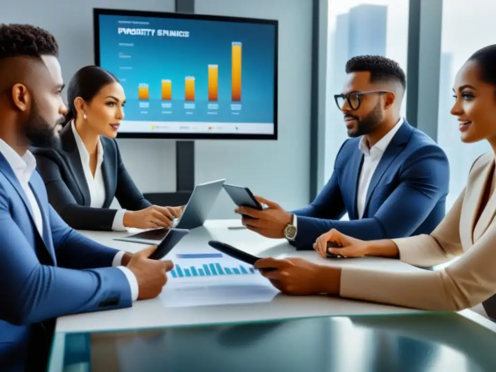 Reunión profesional sobre financiamiento inmobiliario Grupo diverso de profesionales debatiendo sobre conceptos básicos financiamiento préstamos inmobiliarios en moderna sala de conferencias