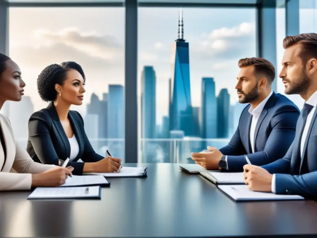 Profesionales debatiendo términos hipotecarios en oficina moderna Un grupo diverso de profesionales discute los consejos para negociar préstamo hipotecario en una oficina moderna, mostrando colaboración y experiencia
