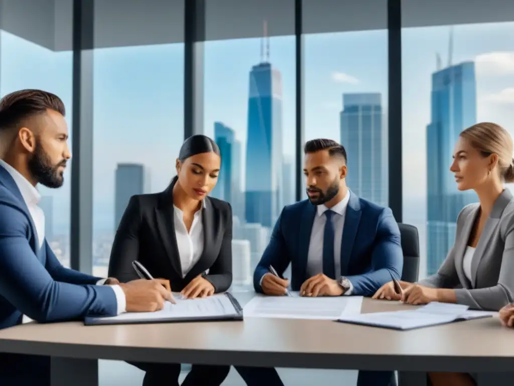 Profesionales analizan contrato inmobiliario en reunión Un grupo diverso de profesionales discutiendo un contrato inmobiliario en una oficina moderna y elegante