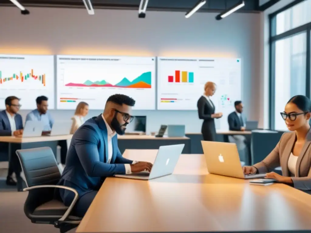 Profesionales colaborando en espacio de coworking con gráficos financieros Un grupo diverso de profesionales en un coworking, concentrados en laptops y papeles, con gráficos financieros en las paredes