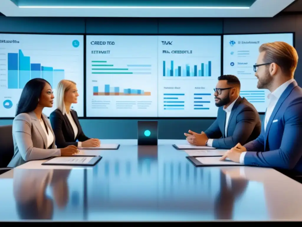 Profesionales diversificados en futurista reunión sobre créditos fiscales inmobiliarios Un grupo diverso de profesionales discute sobre créditos fiscales inmobiliarios en una sala futurista
