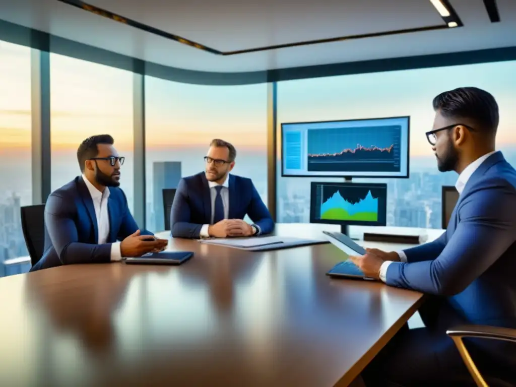 Profesionales modernos analizan REITs en oficina hightech Un grupo diverso de profesionales analizando datos de REITs en una moderna oficina