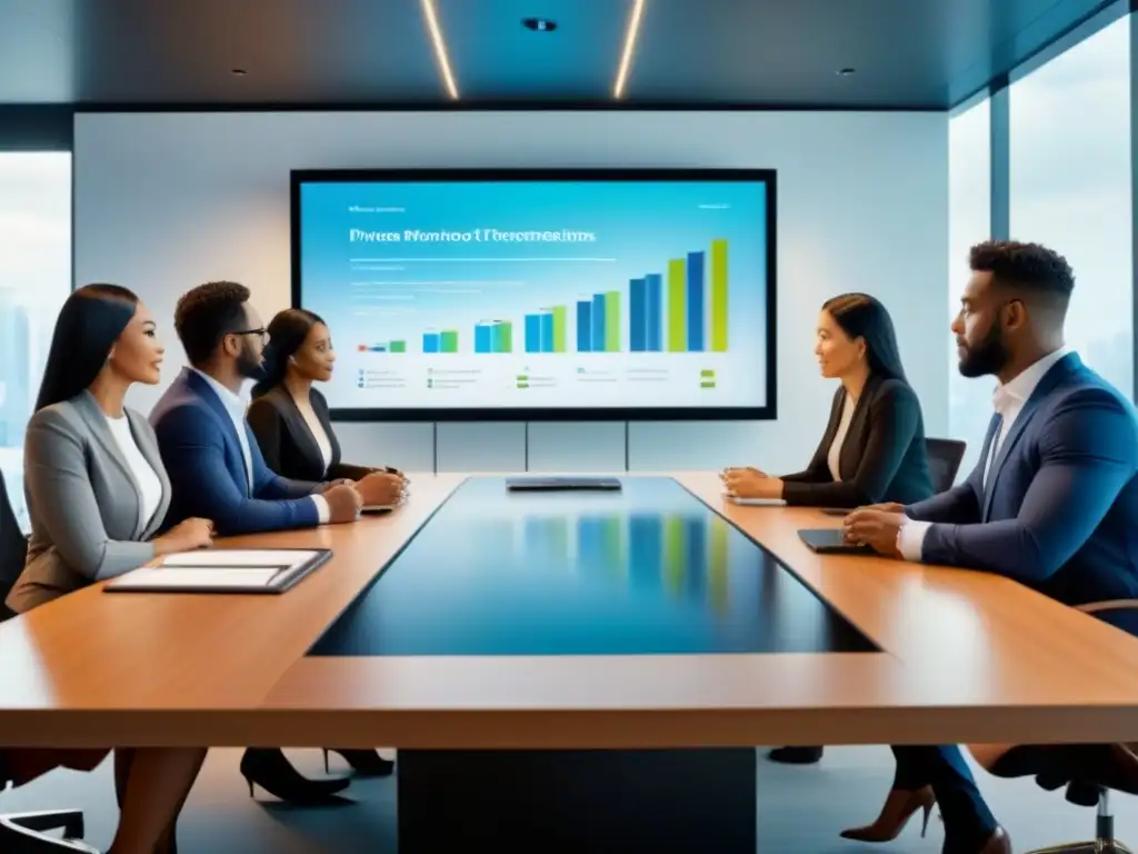 Inversión inmobiliaria diversa: Profesionales en mesa de reuniones 8k Un grupo diverso de profesionales debate en una moderna sala de juntas