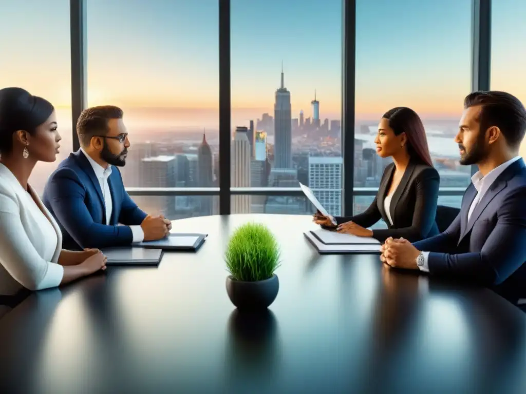 Reunión profesional: diversidad y colaboración en la ciudad Grupo diverso de profesionales en discusión en una oficina moderna con vista urbana