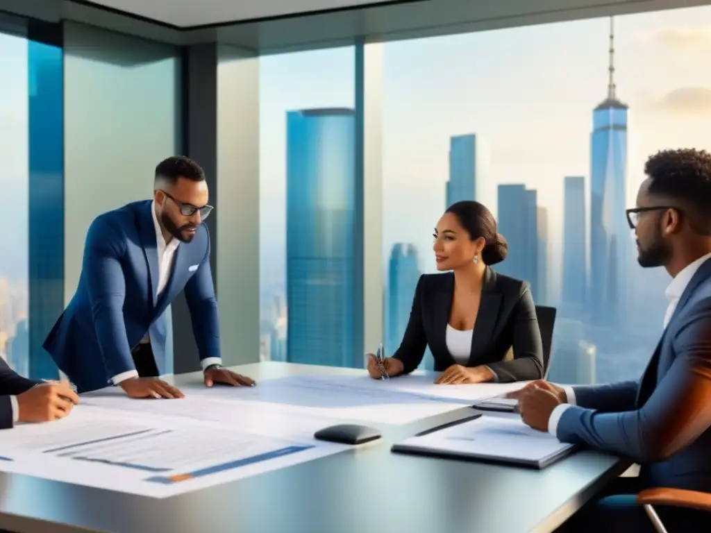 Equipo diverso de profesionales en reunión financiera en oficina moderna Un grupo diverso de profesionales discute documentos financieros y planos en una moderna oficina, transmitiendo colaboración e innovación