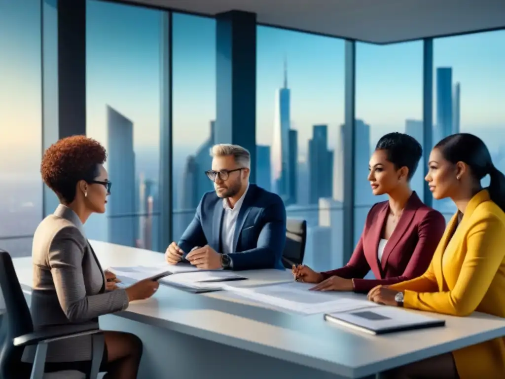Un grupo diverso de profesionales discutiendo documentos hipotecarios y gráficos financieros en una oficina futurista, reflejando trabajo en equipo y planificación financiera, con una vista urbana inspiradora y tecnología innovadora