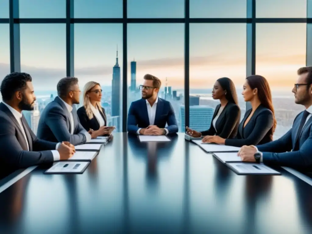 Profesionales diversificados en sala de reuniones ultradetallada Grupo diverso de profesionales discutiendo documentos financieros en una sala de juntas moderna, rodeada de tecnología y con vista a la ciudad