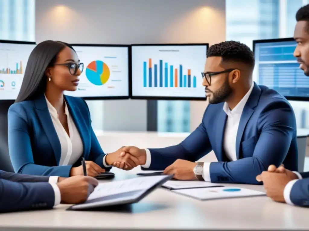 Profesionales en reunión: expertos financieros en acción Un grupo diverso de profesionales discutiendo documentos financieros en una oficina moderna, con gráficos en pantallas digitales