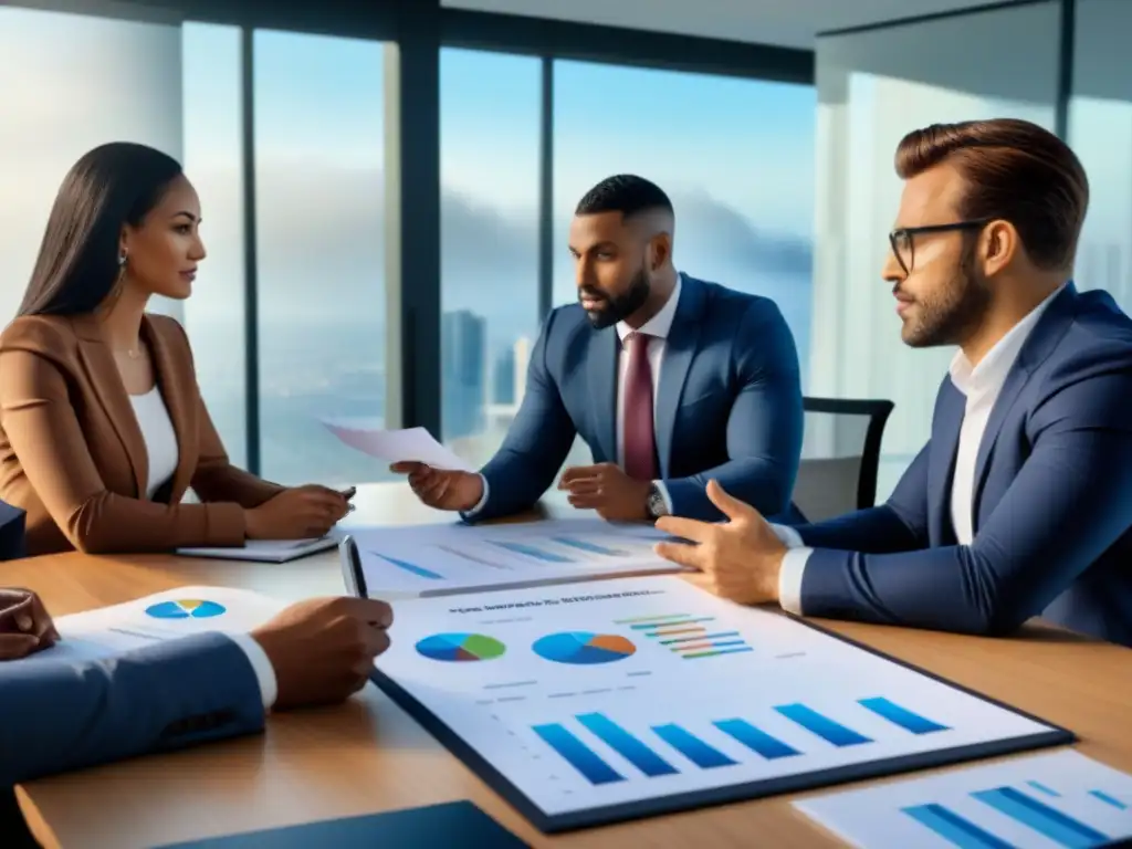 Profesionales debatiendo: ambiente colaborativo en finanzas inmobiliarias Un grupo diverso de profesionales discute con entusiasmo en una sala moderna llena de gráficos y modelos inmobiliarios