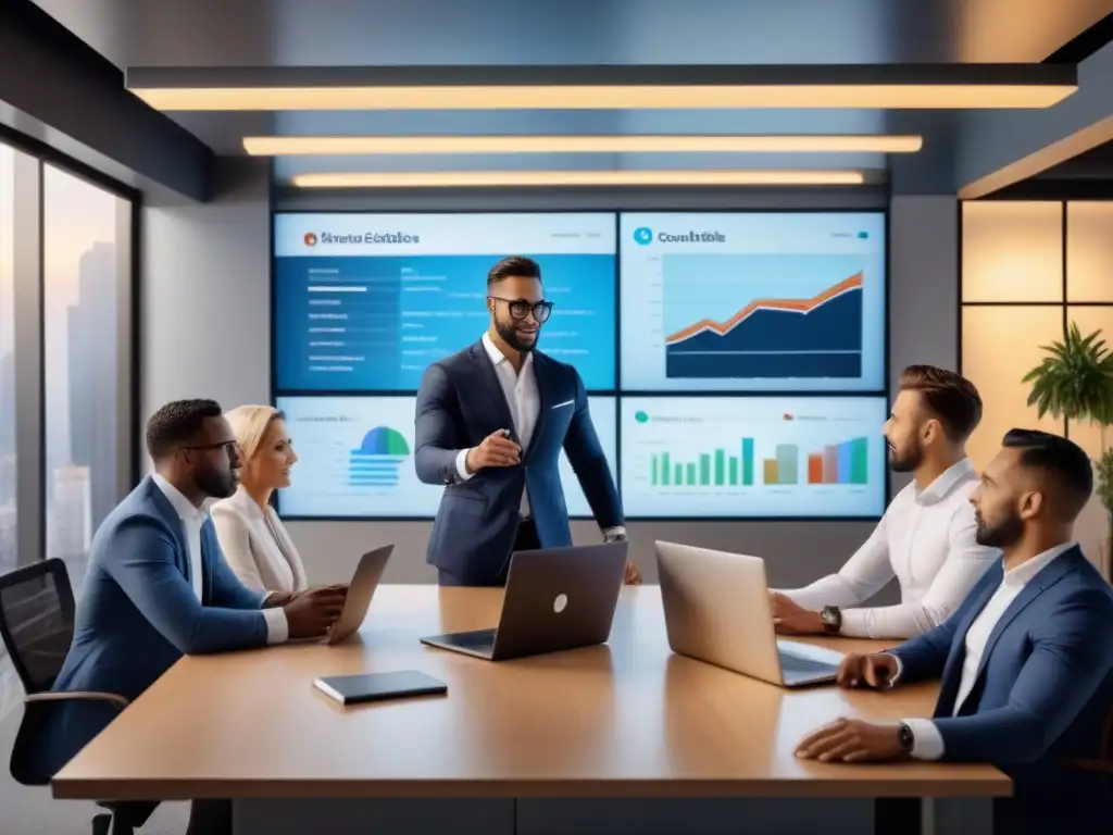 Profesionales innovadores en estrategia de redes sociales para financiamiento inmobiliario Un grupo diverso de profesionales colabora y estrategia juntos en una oficina moderna, utilizando redes sociales para financiamiento inmobiliario