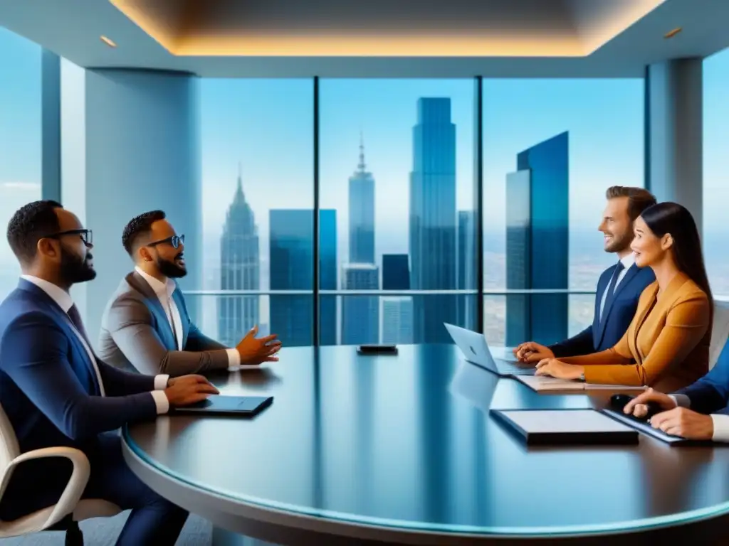 Expertos en Finanzas Inmobiliarias en Sala de Juntas Ultra-Moderna Un grupo diverso de profesionales discutiendo estrategias de financiamiento inmobiliario en un elegante y moderno salón de reuniones