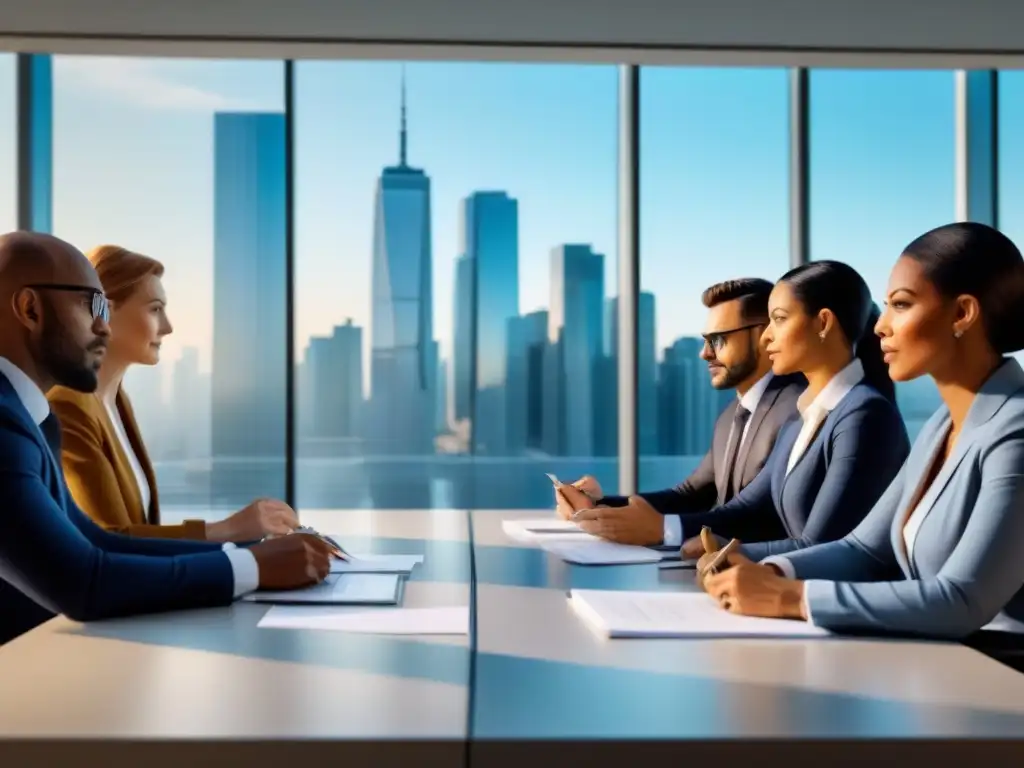 Profesionales estratégicos analizan gráficos financieros en reunión diversa Grupo diverso de profesionales discutiendo estrategias financieras en una oficina moderna, con gráficos y vista a la ciudad