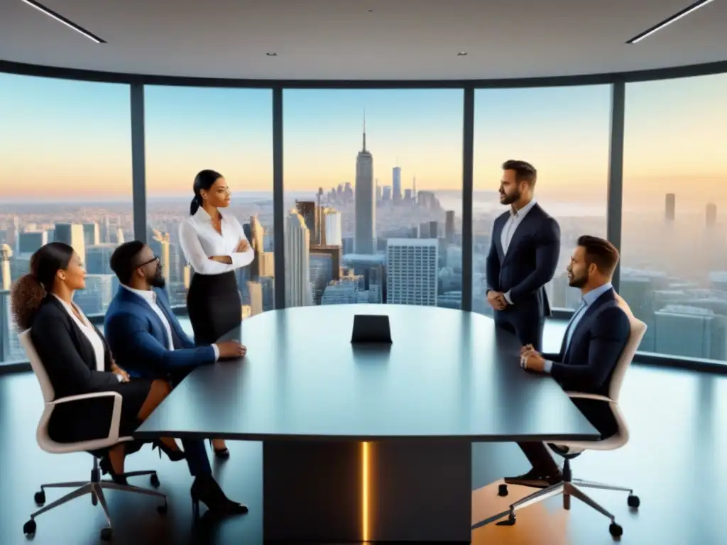 Profesionales debaten estrategias inmobiliarias en sala de conferencias elegante con vista a la ciudad Un grupo diverso de profesionales discute estrategias de inversión en bienes raíces en una sala de conferencias moderna, con la ciudad de fondo