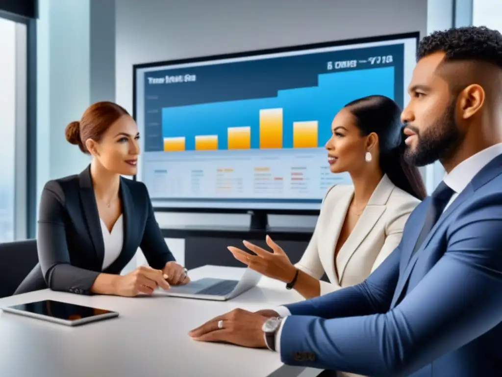 Profesionales diversificados debaten estrategias financieras innovadoras en oficina moderna Un grupo diverso de profesionales debatiendo estrategias de financiamiento innovador para inversiones en alquileres en una oficina contemporánea