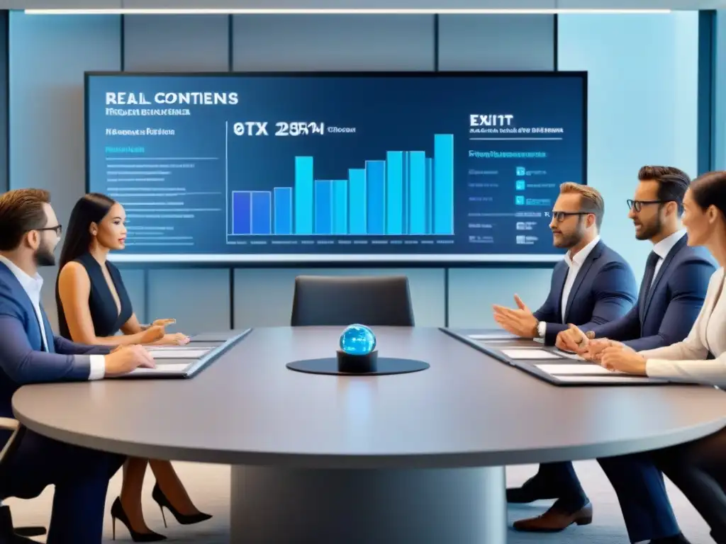 Profesionales en reunión estratégica: imagen 8k detallada y diversa Grupo diverso de profesionales discutiendo estrategias de salida para inversionistas inmobiliarios en una sala moderna y sofisticada
