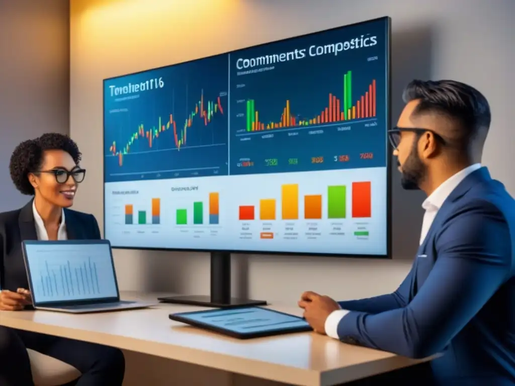 Profesionales debaten estrategias de inversión a corto plazo Grupo diverso de profesionales debatiendo estrategias de inversión a corto plazo, con gráficos financieros en pantallas digitales