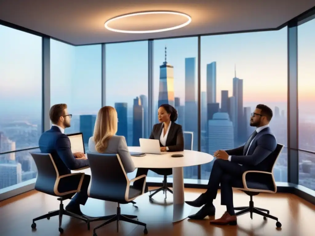 Reunión de expertos en planificación fiscal y inversiones inmobiliarias Un grupo diverso de profesionales discuten estrategias en una moderna sala de juntas con vista a la ciudad al anochecer