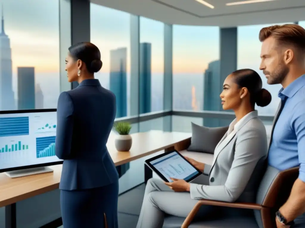 Grupo diverso de profesionales discutiendo estrategias de inversión inmobiliaria en oficina moderna