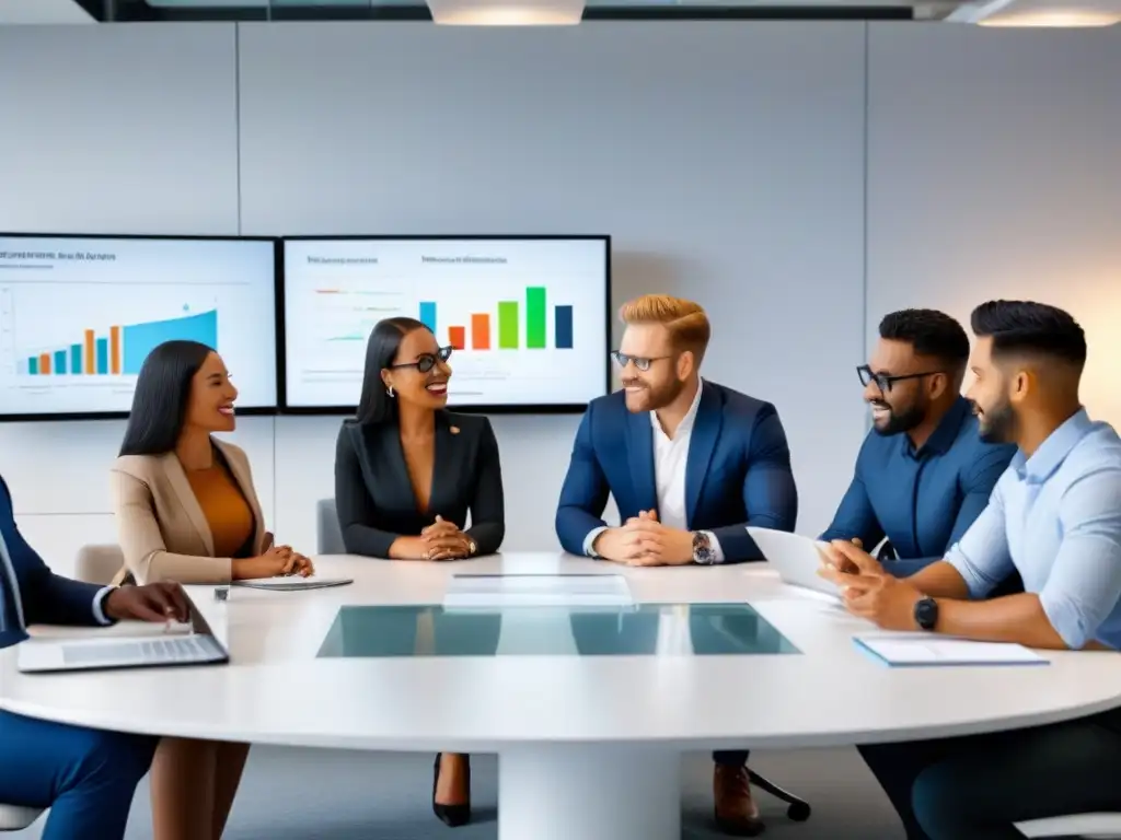 Profesionales diversos en reunión estratégica de real estate Un grupo diverso de profesionales discute estrategias de inversión inmobiliaria principiantes en una moderna oficina