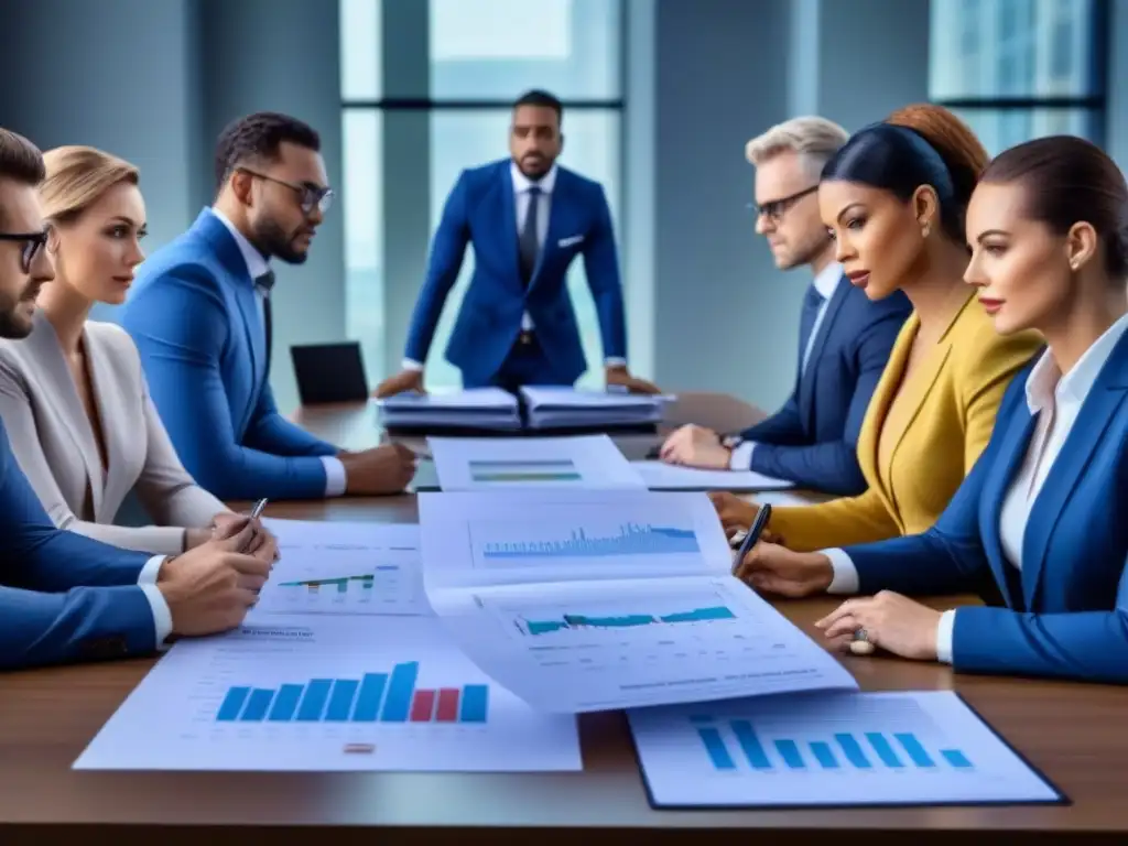 Expertos planificando impuestos: Estrategias financieras detalladas Grupo diverso de profesionales discutiendo estrategias de planificación fiscal sobre propiedad y herencia