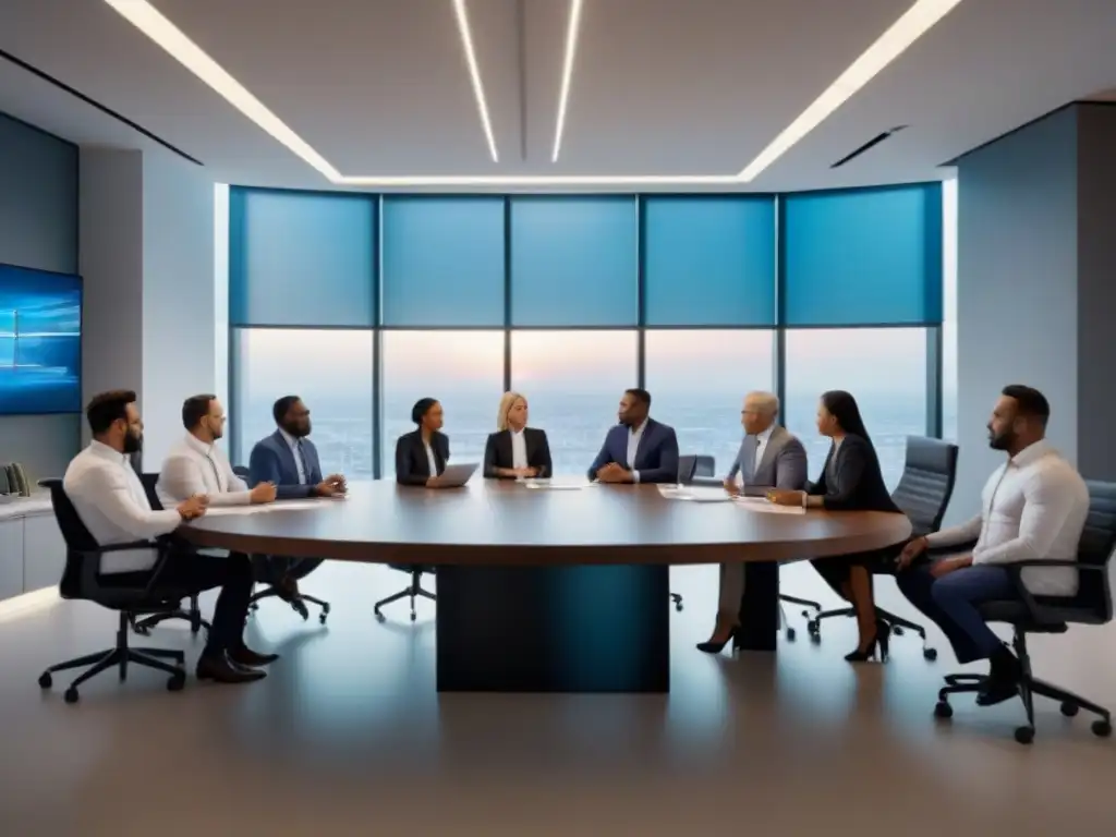 Un grupo diverso de profesionales discute estrategias de inversión inmobiliaria en una moderna oficina llena de luz natural y tecnología de vanguardia