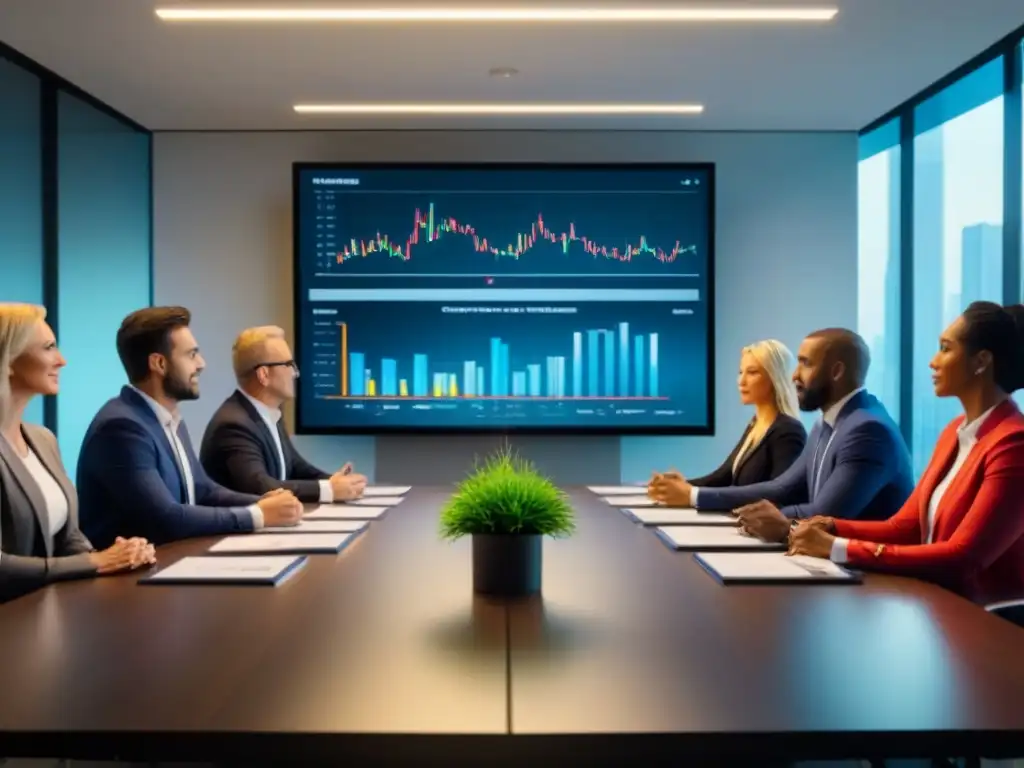 Profesionales colaborando en equipo en una oficina moderna Un grupo diverso de profesionales colaborando en estrategias financieras, destacando la importancia de proyecciones de ingresos en una oficina moderna