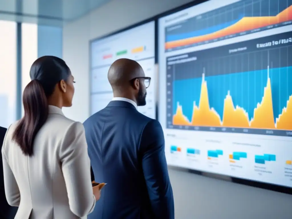 Profesionales analizando gráficos financieros en oficina moderna Un grupo diverso de profesionales discute estrategias financieras mientras revisan gráficos en una oficina contemporánea