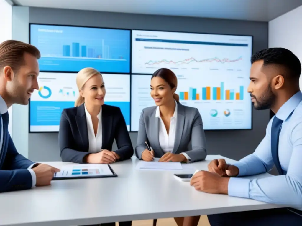 Profesionales diversificados debaten estrategias de inversión y seguros en oficina moderna Grupo diverso de profesionales discutiendo estrategias de inversión y seguros en una oficina contemporánea