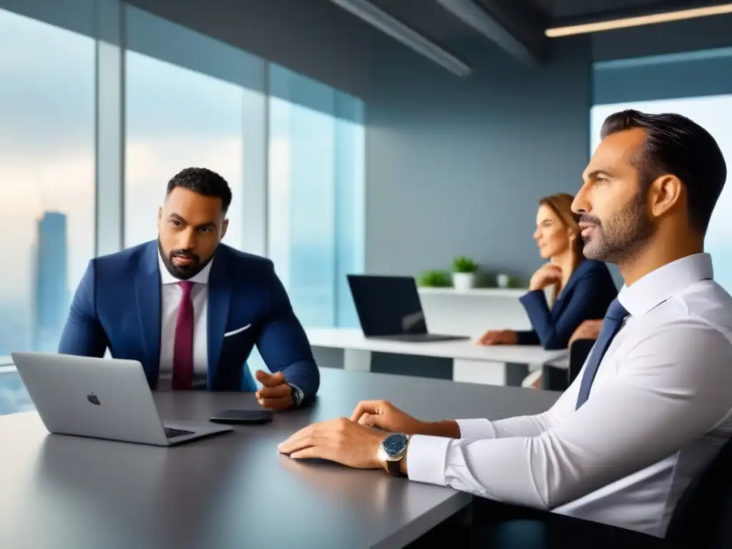 Profesionales expertos debatiendo financiamiento inmobiliario en un entorno moderno y dinámico Un grupo diverso de profesionales discute estrategias financieras inmobiliarias en una oficina moderna y sofisticada