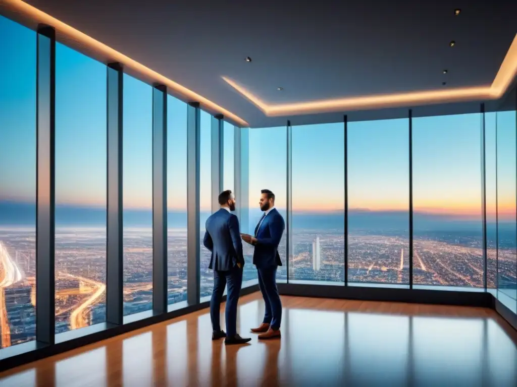 Estrategias de inversión inmobiliaria en moderna oficina de lujo Un grupo diverso de profesionales discute estrategias de inversión inmobiliaria, con un edificio moderno de fondo