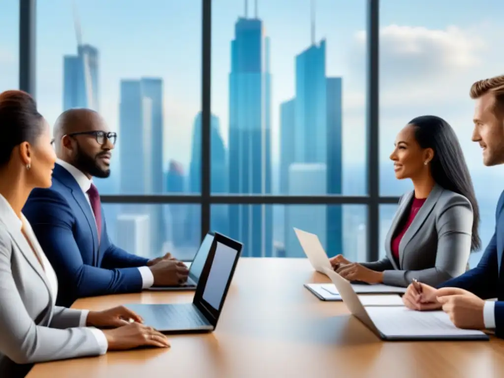 Profesionales exitosos en reunión estratégica Un grupo diverso de profesionales discute estrategias en reunión de negocios