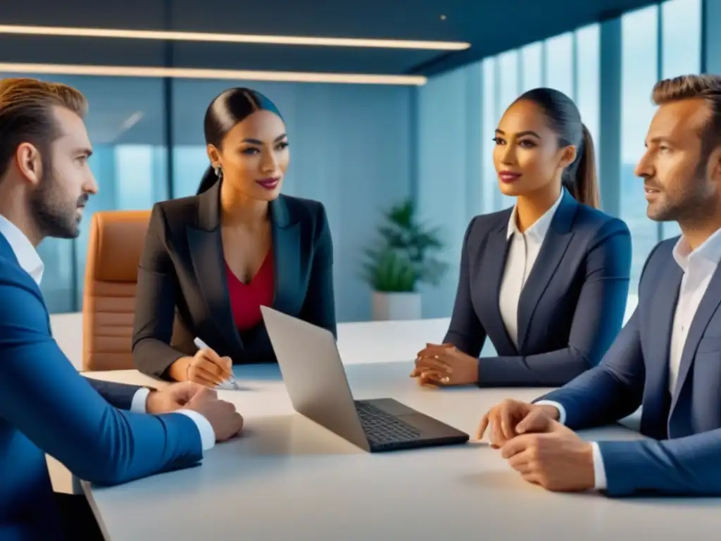Profesionales modernos debatiendo estrategias de inversión inmobiliaria Un grupo diverso de profesionales discute estrategias de inversión en una oficina moderna