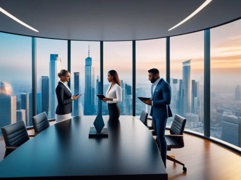 Profesionales colaborando en estrategias inmobiliarias en oficina moderna Grupo diverso de profesionales colaborando en estrategias de inversión inmobiliaria con tablets y gráficos en una oficina moderna
